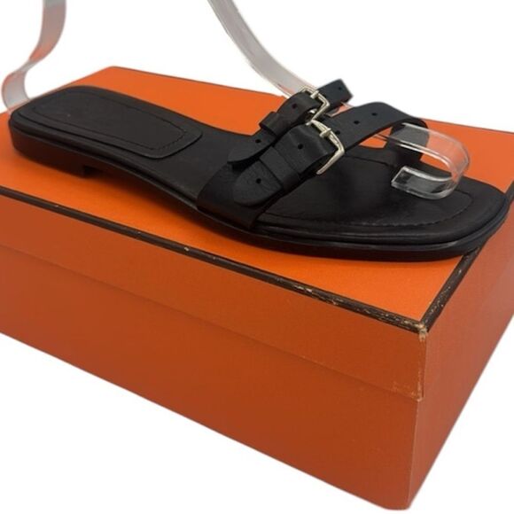 Hermes Black Leather Strappy Sandals Flat Size 38.5/ US 8 - Picture 1 of 11